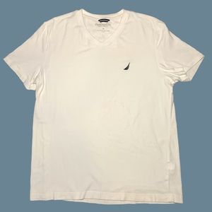 Nautica Men’s Solid White Navy Blue Logo Basic Short Sleeve V Neck T Shirt
